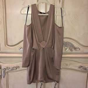 Missguided tan dress with exposed shoulders.